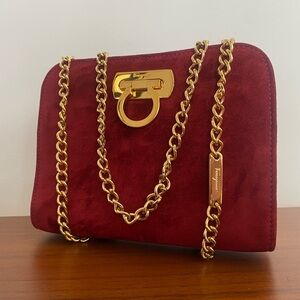 Salvatore Ferragamo Gancini Red Suede Chain Crossbody